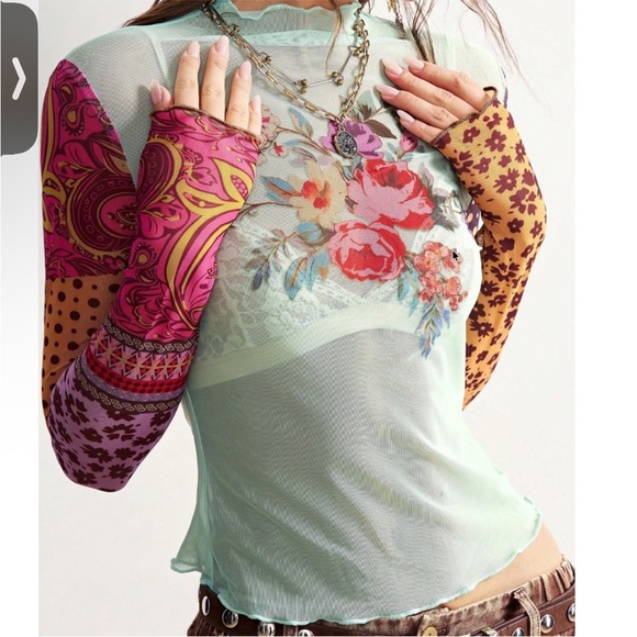 Boho Patchwork Long-Sleeve Mesh Top - Mint Multicolor. NWOT - Picture 2 of 6